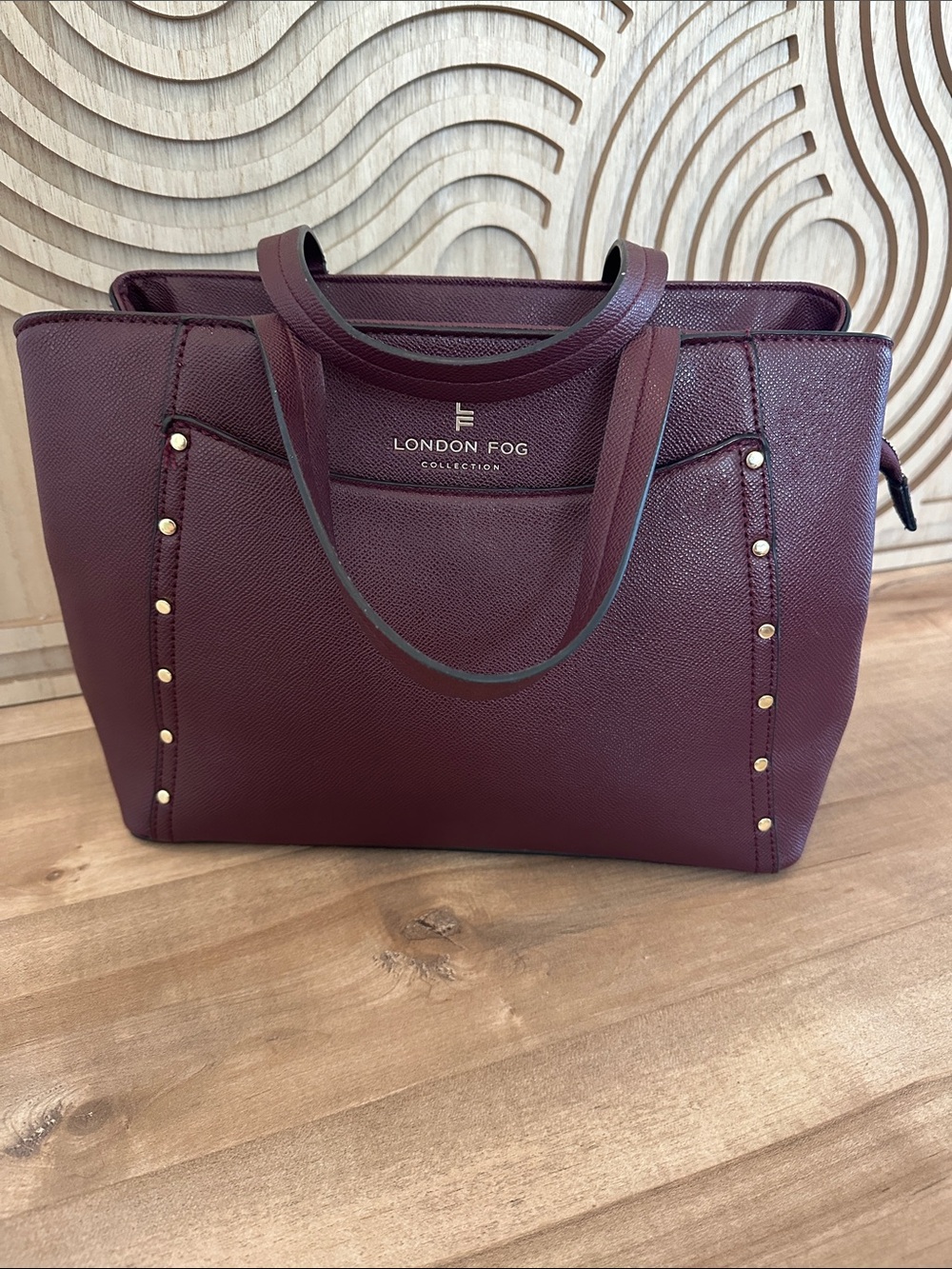 London Fog Burgundy Tote with Gold Stud Trim